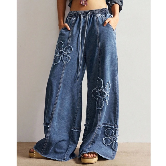 Boho Dark Wash Floral Patchwork Stretchy Waist Wide Leg Denim Jean Pants - Picture 2 of 7